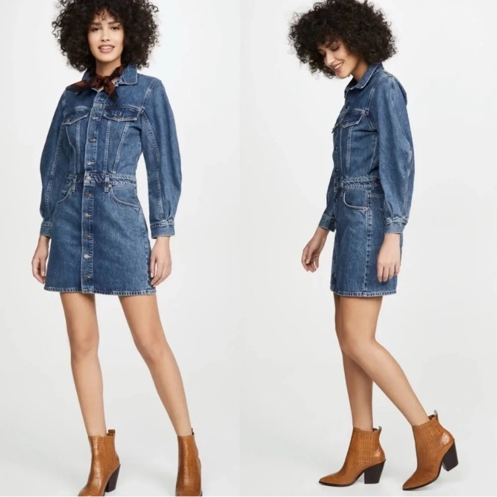 NWT AGOLDE x ANTHROPOLOGIE Denim Mini Dress Balloon Sleeves Size 12 - Picture 4 of 11